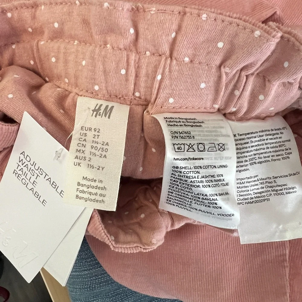 NWT Girls H&M Pink Soft Cotton Corduroy Jersey Lined Pants 2T - Picture 5 of 7